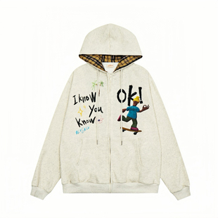 GTGA美式撞色格子连帽开衫卫衣男女2025春秋oversize休闲情侣外套