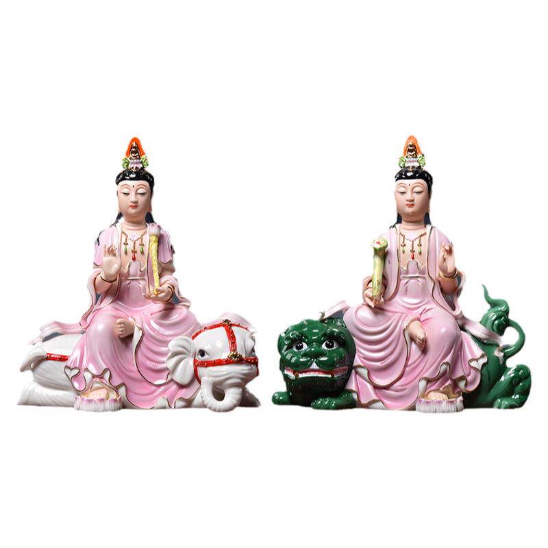 戴玉堂陶瓷客厅供奉佛像工艺品摆件紫衣彩文殊普贤菩萨华严三圣