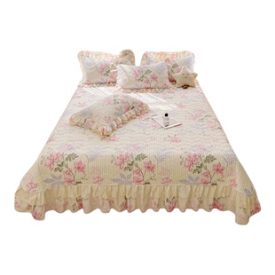 韩版全棉床盖三件套公主风荷叶花边纯棉夹棉坑盖床单床裙四季通用