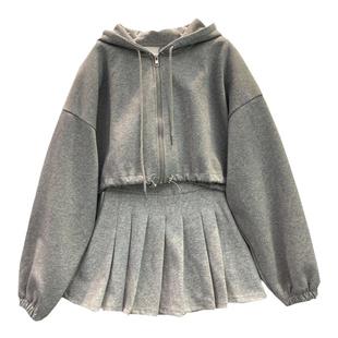 韩国东大门2025新款爆款春秋短款卫衣外套运动短裙百褶裙两件套装