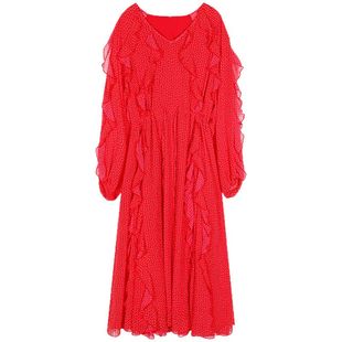 落落狷介春季穿搭红色波点连衣裙女2025新款设计感荷叶边长裙长袖