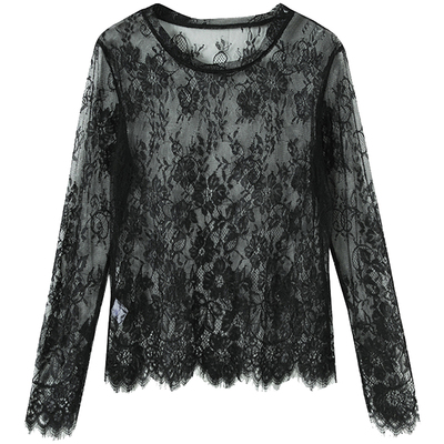 夏季新款睫毛镂空纱衣黑色蕾丝衫