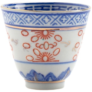 景德镇缘满瓷陶瓷功夫茶具八十年代加彩青花玲珑四缸盅小号金钟杯