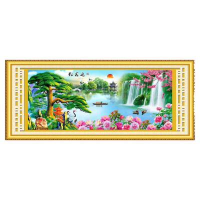 迎客松十字绣山水画流水生财大幅