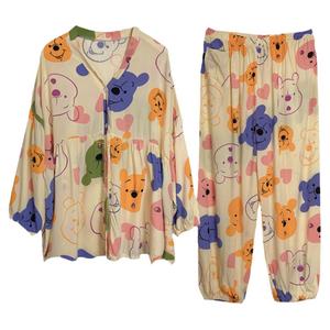 日系蝙蝠袖大码睡衣女开衫棉绸200斤卡通春夏薄款长裤家居服套装