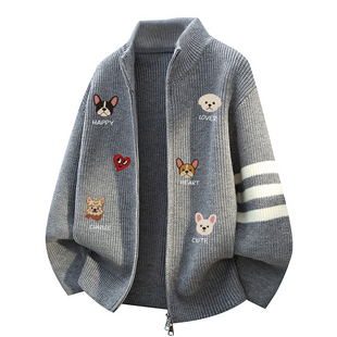 查尔斯桃心美式印花立领开衫毛衣男女秋冬款慵懒风拉链针织衫上衣