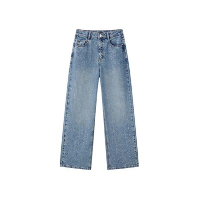 太平鸟高腰阔腿爆闪流星牛仔裤女