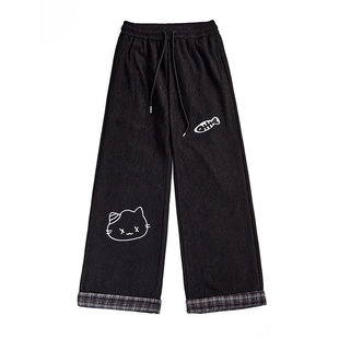 大码胖mm黑色卡通猫咪加绒卫裤女宽松直筒高腰加厚保暖学生休闲裤