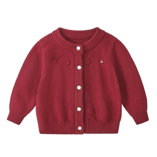 [抑菌远红外]毛衣女童红色儿童纯棉上衣女小童开衫春装宝宝针织衫