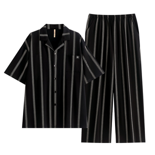 家乐芬睡衣男士夏季夏款短袖长裤纯棉家居服男款大码条纹休闲套装