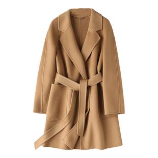 短浴袍手缝拱针羊毛羊绒双面呢大衣系带中长款毛呢外套小个子修身