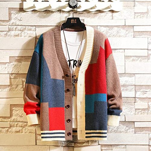 E 61689 V-Neck Color Block Cardigan 撞色开衫 跨境欧美