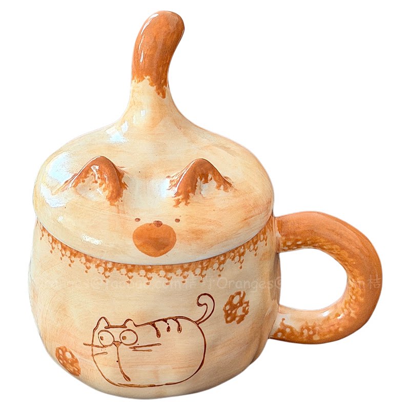 Oranges复古焦黄猫咪带盖马克杯