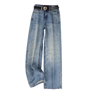 欧货小蜜蜂春季新款时尚烫钻直筒牛仔裤洋气显瘦垂感宽松阔腿裤女