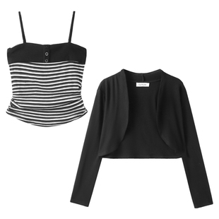 别致修身显瘦套装女早春季新款纯欲风条纹吊带上衣防晒开衫两件套
