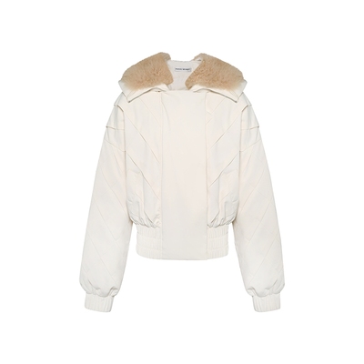 Maison Wester2025冬季新品米白披肩外套棕毛领菱格纹短款羽绒服