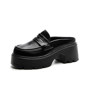 小码31 32 33真皮包头半拖鞋女粗跟高跟厚底一脚蹬无后跟乐福鞋34