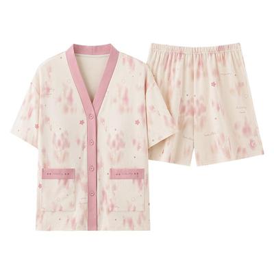 带胸垫睡衣女款夏季短袖短裤开衫V领少女生日系甜美和服式家居服
