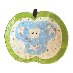 青苹果小狗陶瓷盘子手绘釉下彩甜品水果盘家用早餐酸奶碗生日礼物