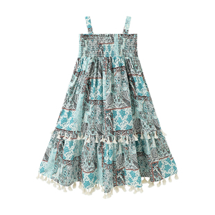 布丁哈鲁童装夏装女童洋气裙子2025新款儿童度假风纯棉吊带连衣裙