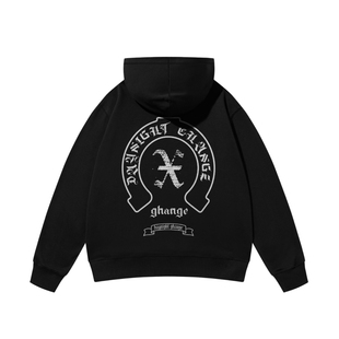 DX潮牌美式复古印花连帽卫衣字母印花马蹄图案潮流慵懒涂鸦长袖