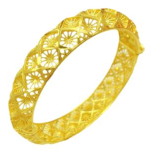 仿沙金四叶草龙凤手镯女复古镂空雕花新娘结婚装饰品铜镀黄金镯子