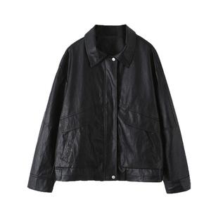 宛宛大码黑色皮衣外套女春秋新款胖mm美式复古pu皮夹克机车服上衣