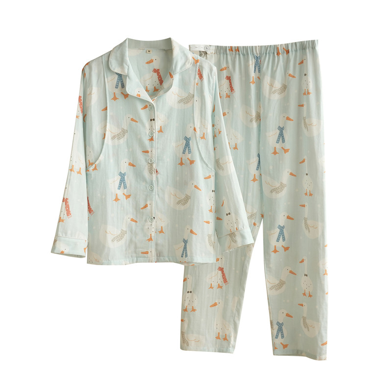 女士双层纱布纯棉月子服 哺乳睡衣 孕期产后宽松家居服套装春秋款