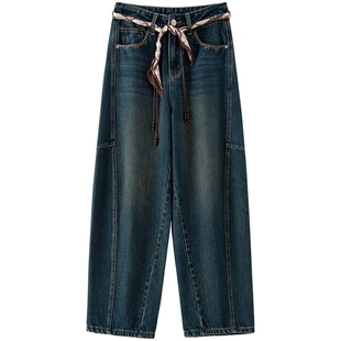 BANANA BABY2025年冬季新款复古民族风牛仔裤女高腰刺绣阔腿长裤