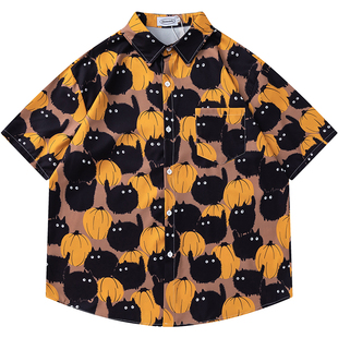 From Mars Black fat cat casual short-sleeved shirt