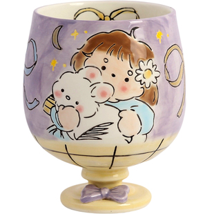 蓝莲花杯子陶瓷杯手绘釉下彩高脚水杯家用手握杯高级感轻奢马克杯