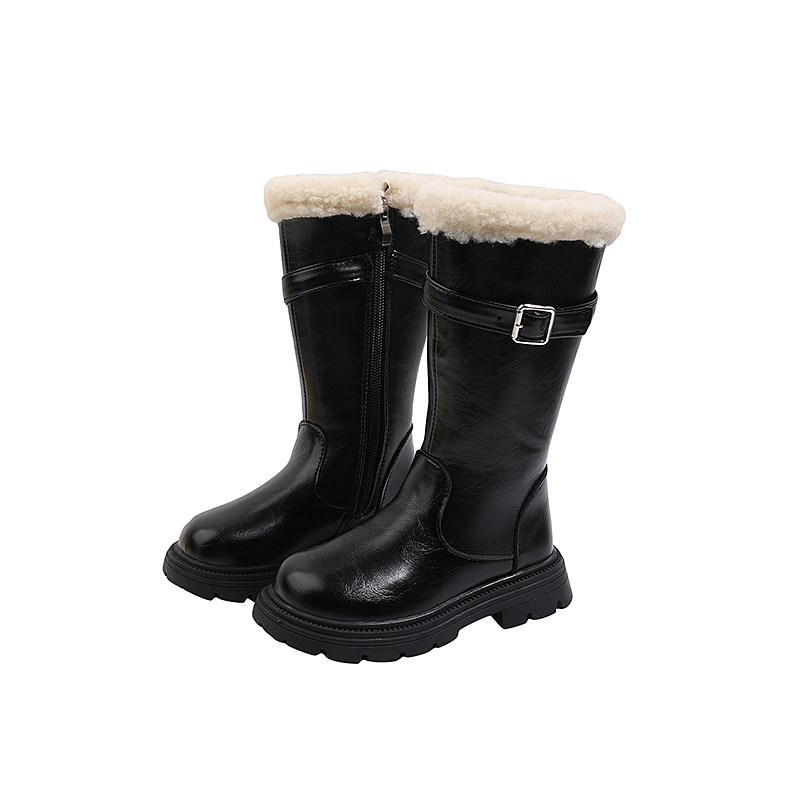 女童英伦加绒软底中高筒雪地靴子