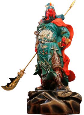 黄铜彩绘绿袍关公神像摆件武财神