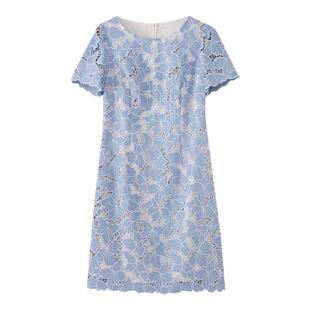 水云间镂空蕾丝绣花连衣裙女装蓝色收腰裙子时尚气质2026夏季新款