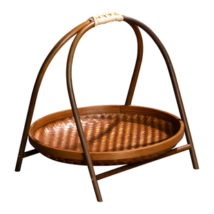 手工竹编提篮大漆复古竹制水果篮茶点盘糕点盘小吃零食圆形收纳筐