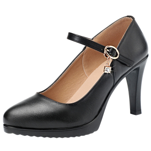 真皮一字扣细跟高跟鞋9cm旗袍走秀专用鞋女软底防水台大码模特鞋