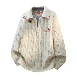 查尔斯桃心 小猫印花亨利领毛衣男女翻领慵懒冬季打底针织衫上衣