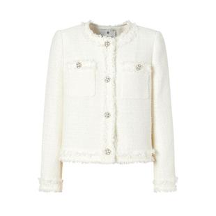 商场同款 摩萨克春装轻奢白色小香风粗花呢毛边外套女