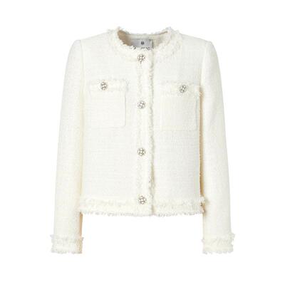 白色小香风粗花呢毛边外套