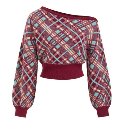 CIDER针织格纹不对称领长袖毛衣114926631