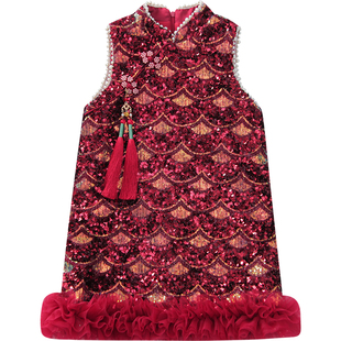 女童中国风旗袍裙冬装2025新款洋气儿童夹棉连衣裙女孩礼服背心裙