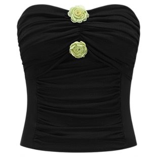 SHRO ENRO2025秋季新款修身露背花朵装饰弹力抽褶短款抹胸上衣女