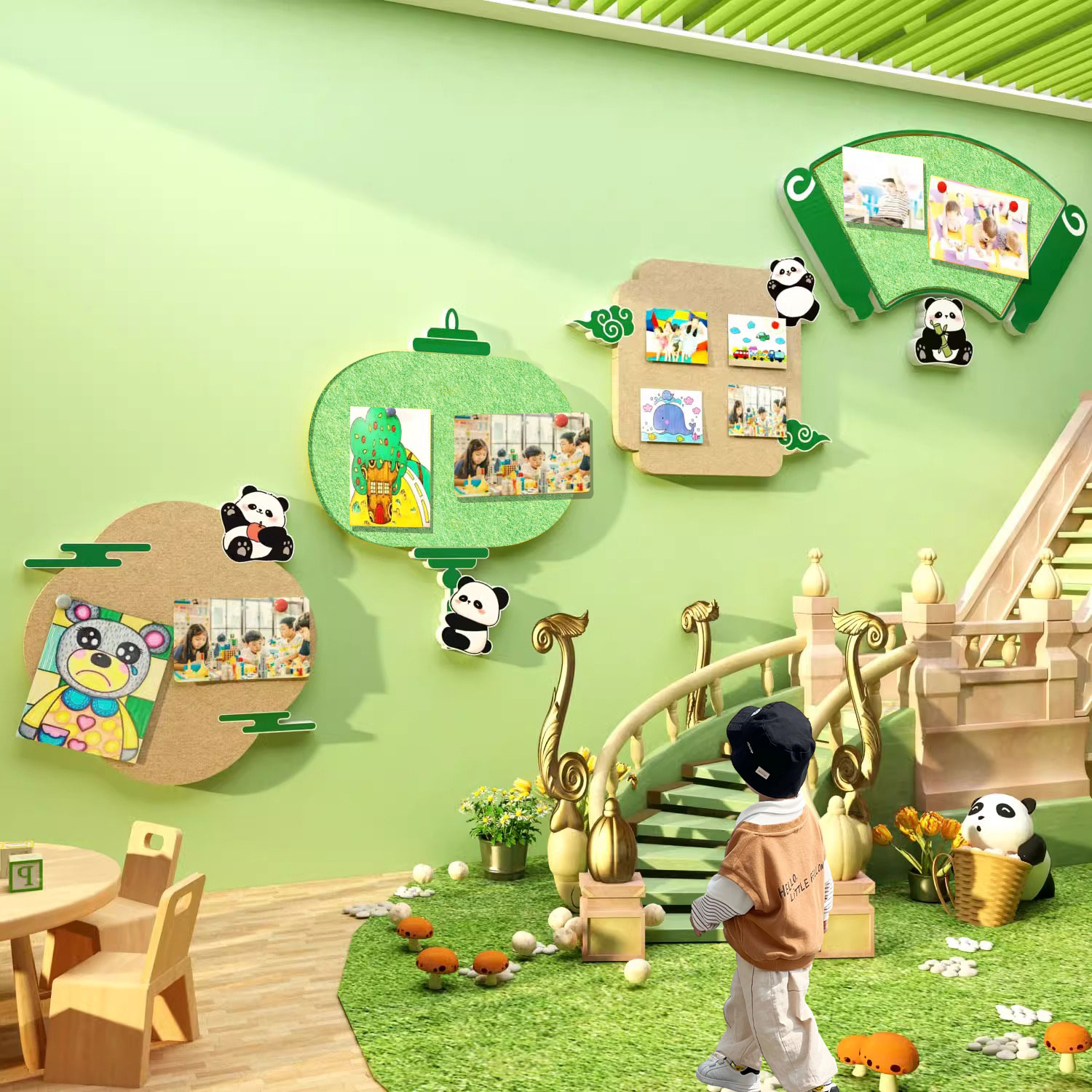 幼儿园墙面装饰毛毡板照片展示楼梯环创材料托管机构形象文化背景