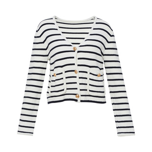 傲丝度小香风V领条纹针织开衫女长袖黑白简约时尚毛衣外套短上衣