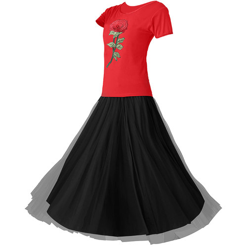 广场舞服装舞蹈演出服莫代尔短袖上衣网纱裙长裙裙子套装跳舞衣服