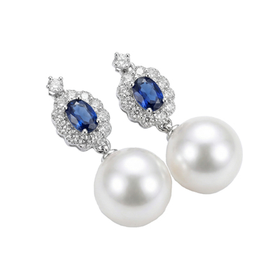 王妃同款法式澳白珍珠蓝宝石耳钉
