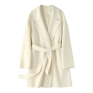 轻奢50%阿拉善山羊绒双面呢大衣系带拱针短浴袍翻领外套经典简约