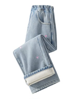 迪士尼女童牛仔裤秋冬加绒裤子