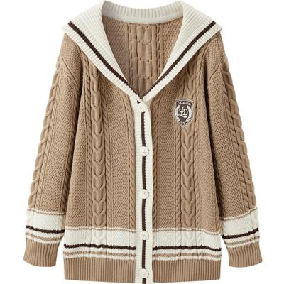【清仓】乐町新品学院风针织开衫女秋季女装海军领绞花毛衣外套