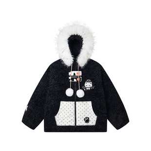 SREK可爱刺绣小老鼠波点羊羔毛外套女冬季甜美加厚保暖双面穿棉服